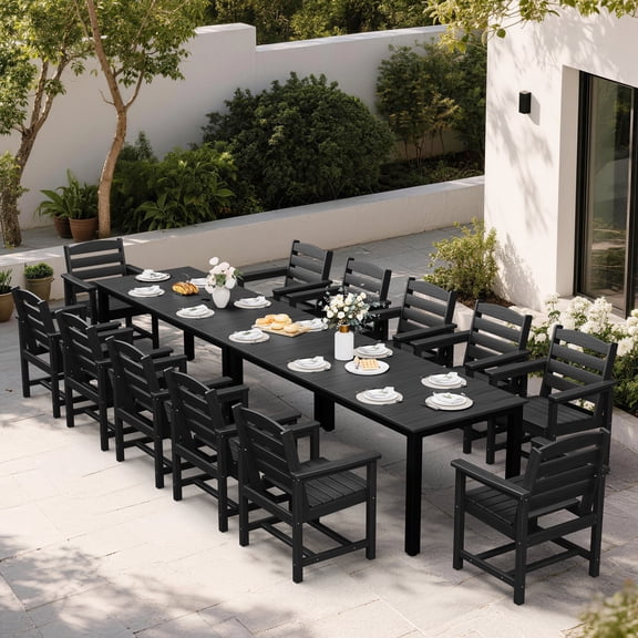 SERWALL 14-Piece Large Outdoor Dining Set, 75" HDPE Patio Dining Set for 12, Outdoor Table and Chairs with Umbrella Hole for Backyard and Deck - Black