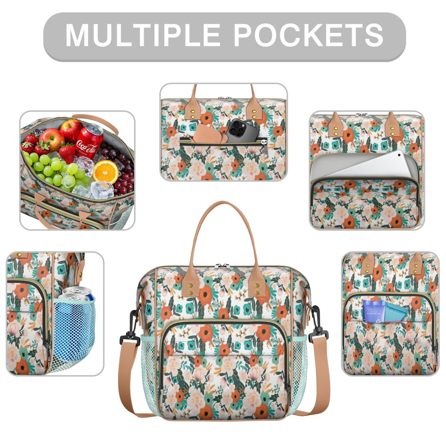 Pioneer Flower Floral Print Pattern Womens Lunch Box for Work,Insulated Large Lunch Bag for Tween and Teen,Loncheras Para Mujer,Leakproof Adult Lunch Bag for Work,Beach,Travel,Picnic,Camping
