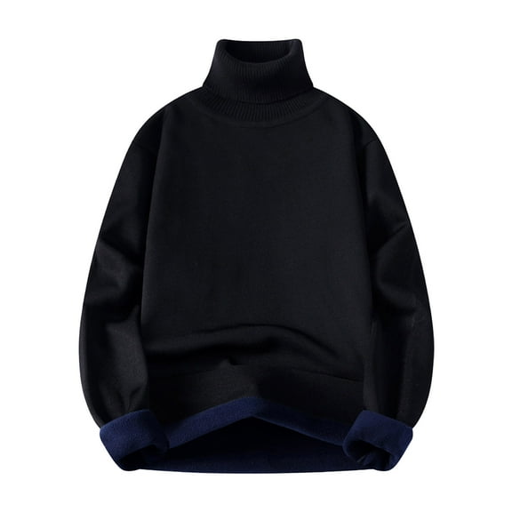 Dolkfu Fleece Mens Sweater Black High Neck Thicken Sweater Loose Solid Basic Shirts Big and Tall L