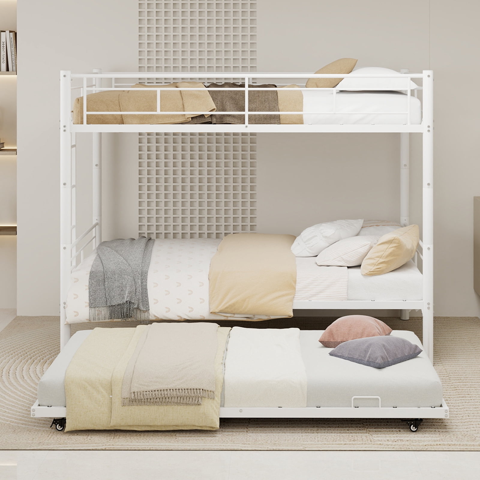 White Twin Metal Triple Bunk Bed with Removable Design – Durable Iron Structure, Separates Into Three Twin Beds