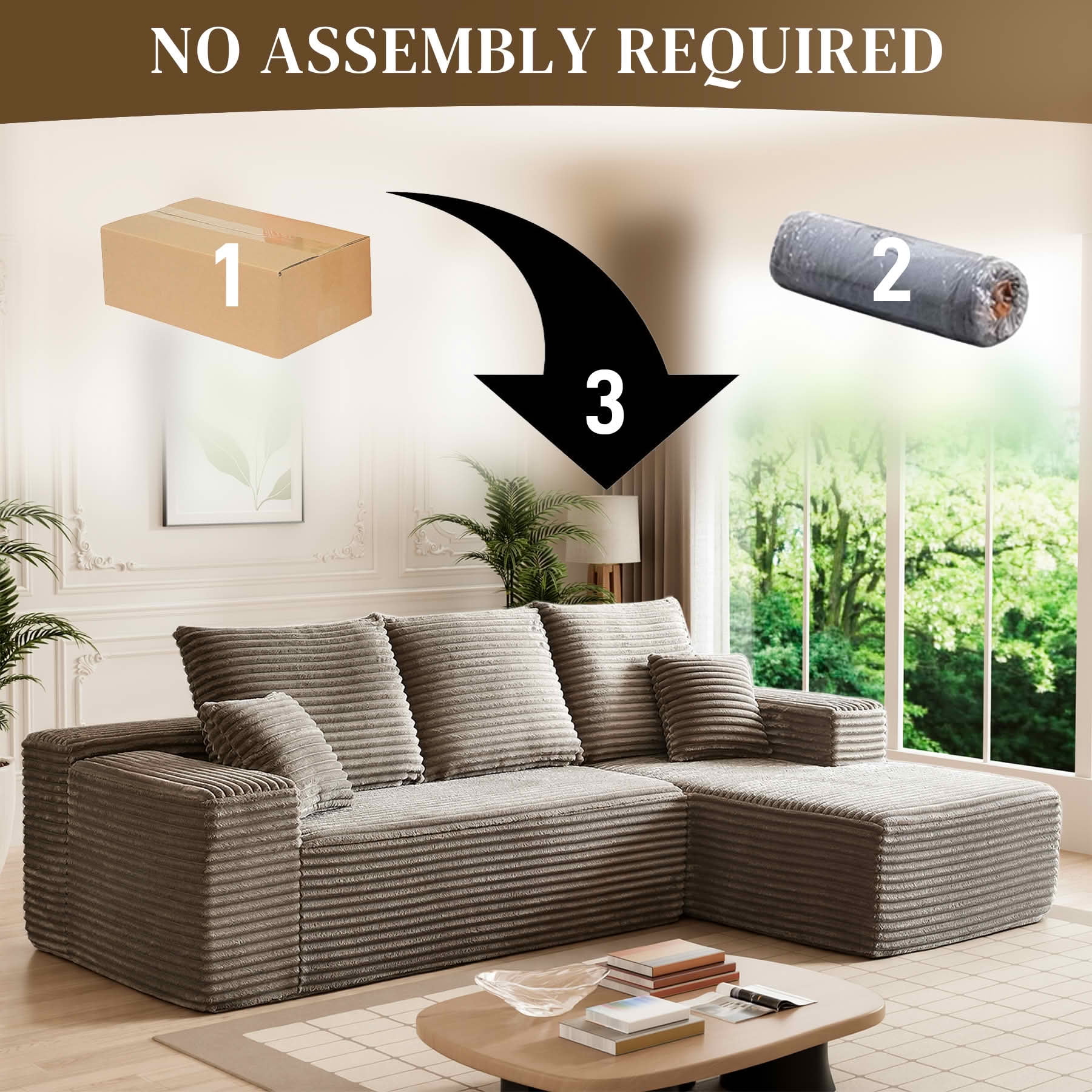MAYEERTY 107-Inch Brown Faux Rabbit Hair Corduroy 6-Seat L-Shaped Modular Cloud Sofa, Minimalist Deep Seat Sleeper Sectional with Recliner, No Assembly Required