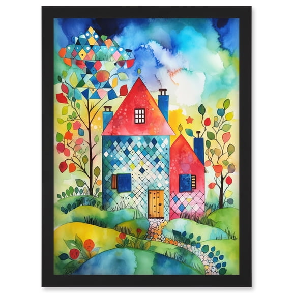 Farmhouse In The Flowers Folk Art Artwork Framed Wall Art Print A4