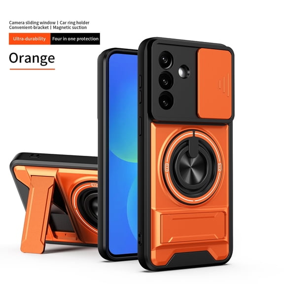 Dteck Magnetic Case for Samsung Galaxy A16 5G,Shockproof TPU PC Slide Lens Protection Case Compatible with Mag Safe Ring Holder Hidden Kickstand Back Cover,Orange