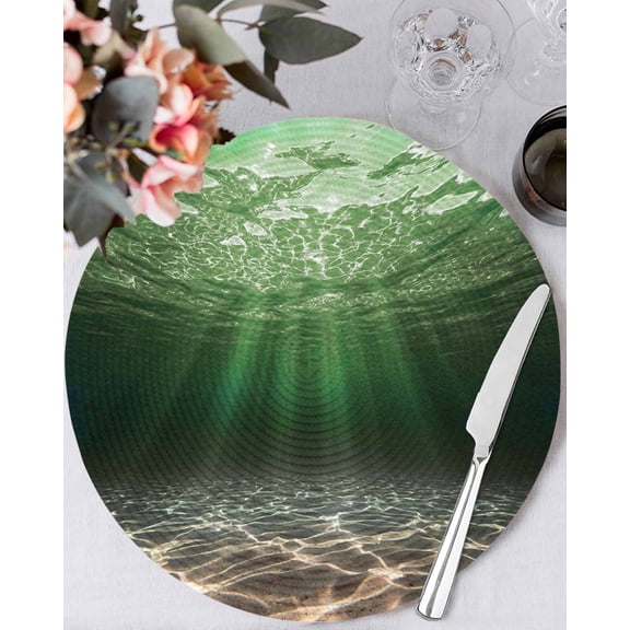 15 Inch Round Placemats Set of 4, Dark Green Ocean Waves Non Slip Heat Insulation PP Table Mats, Summer Beach Coastal Abstract Washable Place Mats for Kitchen Dining Party Table Decor