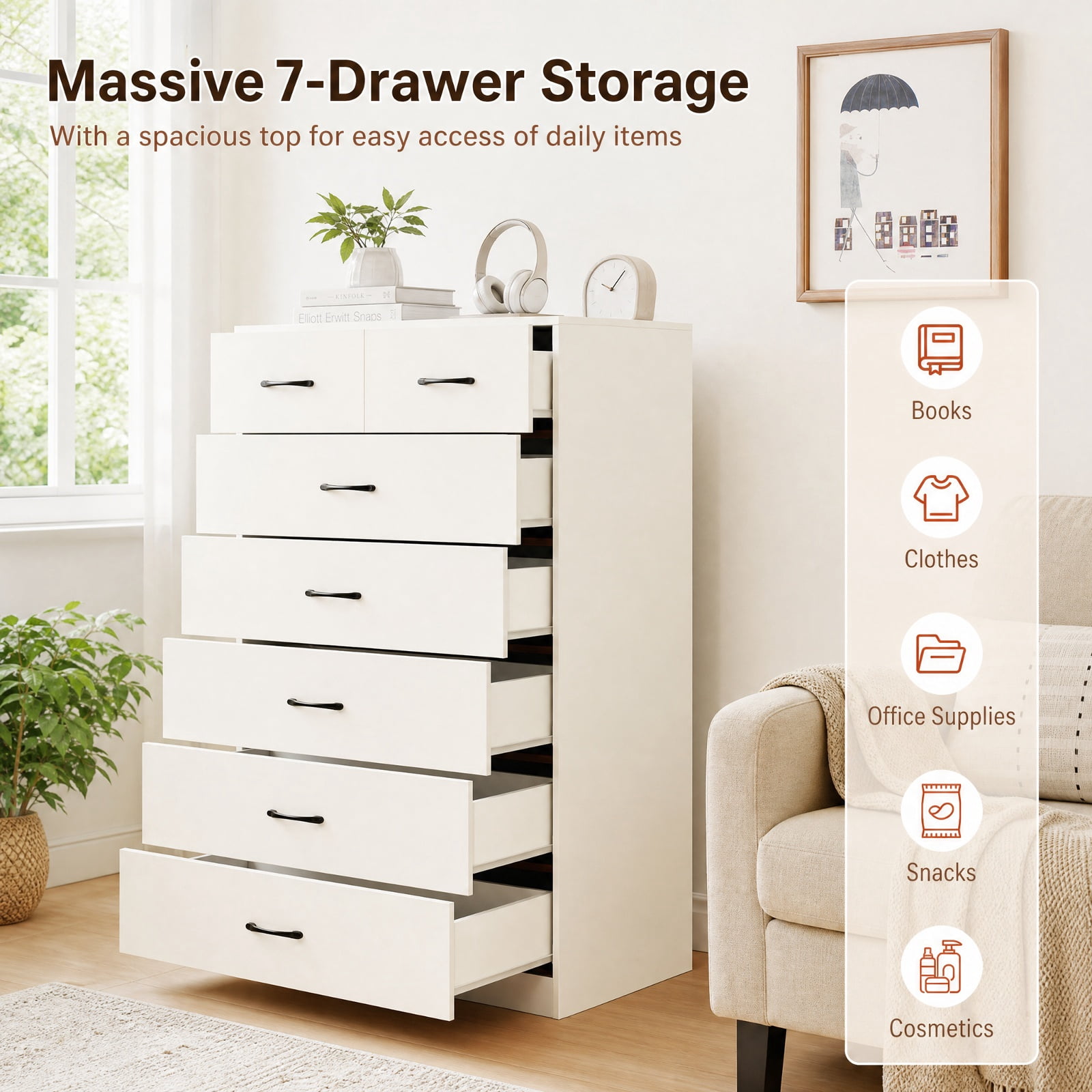 Furnibear 7-Drawer Tall Dresser with Metal Handles and Anti-Tipping Kits for Bedroom Closet Living Room Nursery Clothes Storage, White