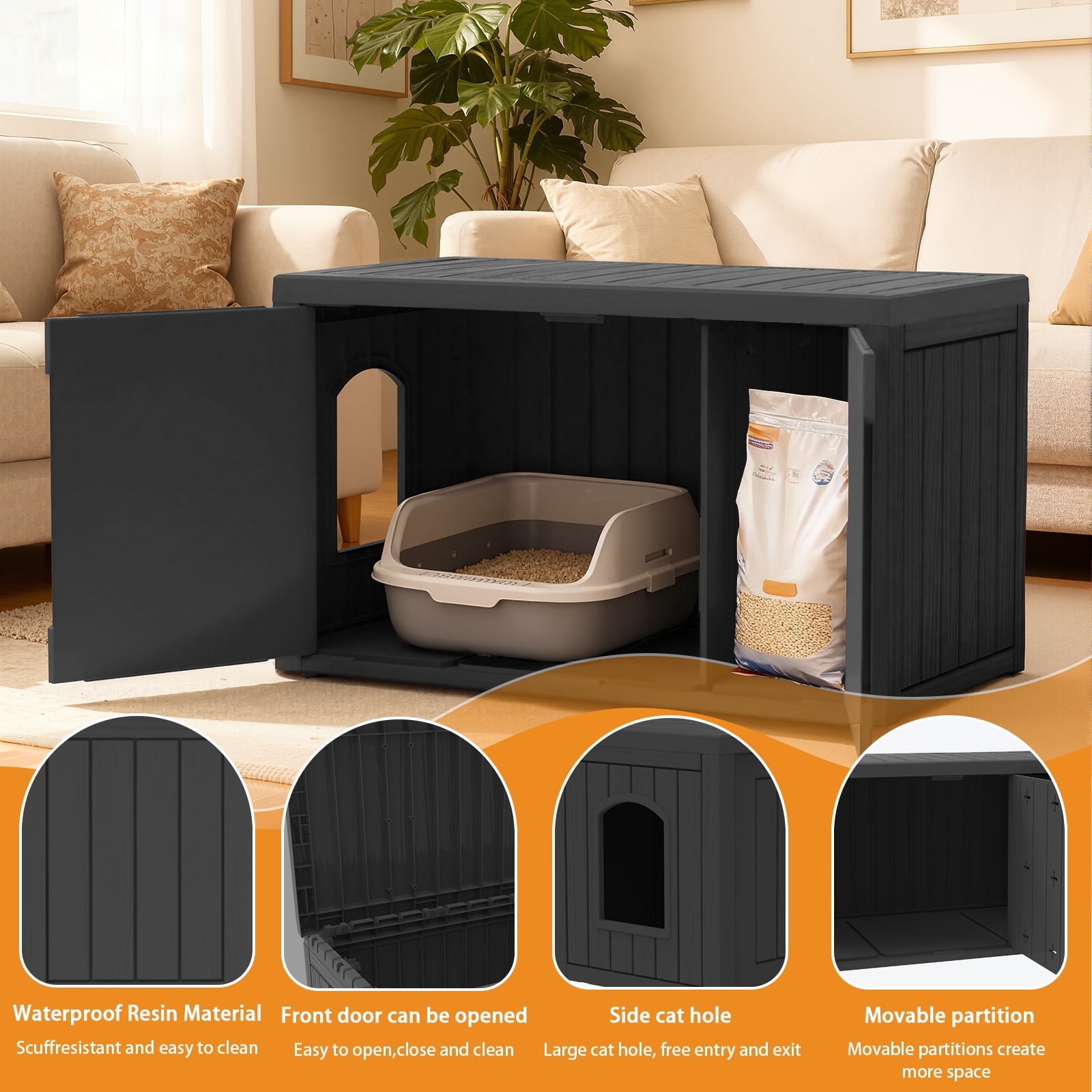 EASY UP resin cat house weatherproof scratch-resistant outdoor and indoor cat litter rooms stray cats pet supplies storage(black)