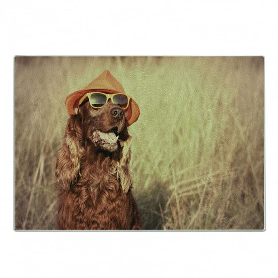 Animal Cutting Board, Funny Retro Irish Setter Dog Wearing Hat and Sunglasses Humorous Joyful Picture, Decorative Tempered Glass Cutting and Serving Board, Small Size, Redbrown Tan, by Ambesonne