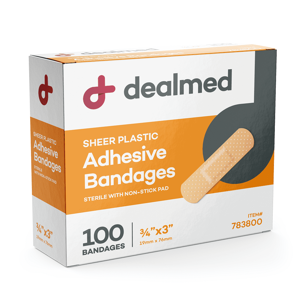 Dealmed 3' x 3/4' Sheer Plastic Flexible Adhesive Bandages – Non-Stick Pad, Latex Free, Wound Care for First Aid Kit, 100 Count (1 Pack)