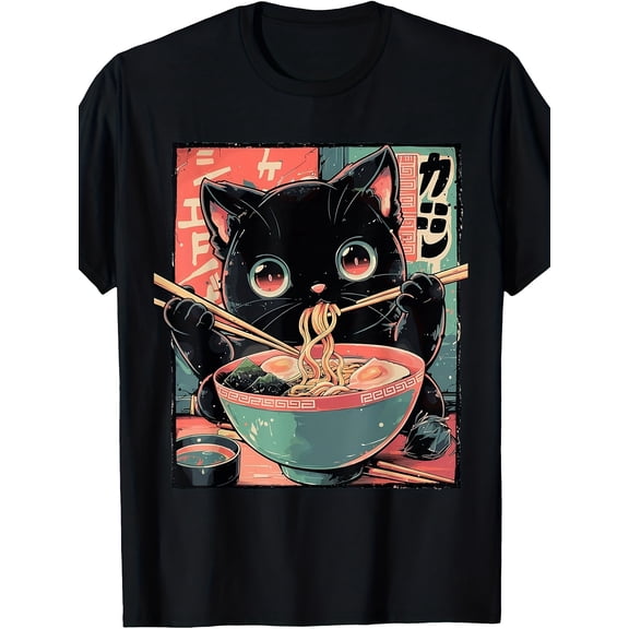 Cute Black Cat Eating Ramen Vintage Anime Graphic T-Shirt, Retro Japanese Style Casual Short Sleeve Tee For Cat Lovers Food Lovers Unisex Top