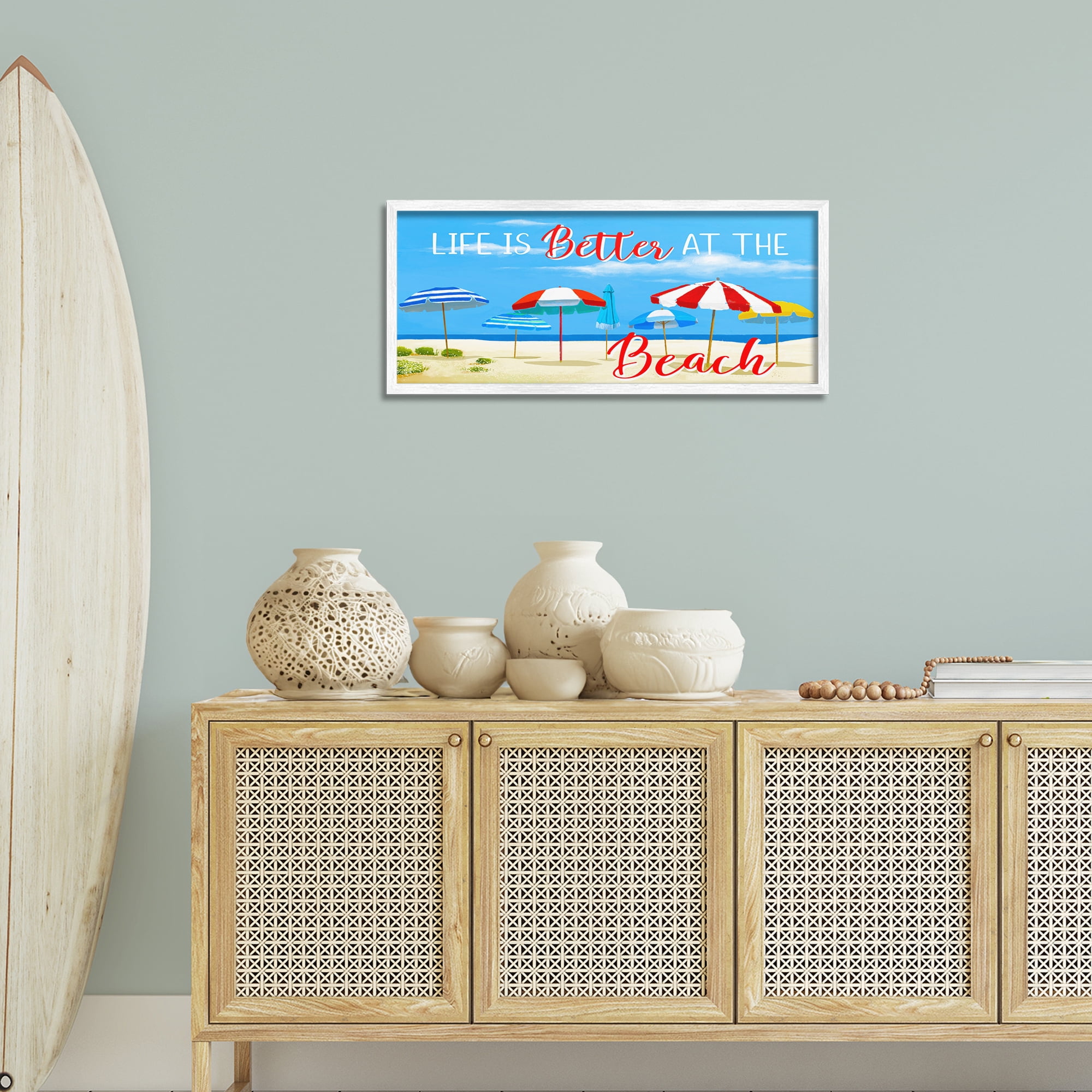 Stupell Industries Better At Beach Scene Landscape Painting White Framed Art Print Wall Art, 30 x 13