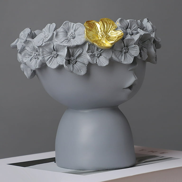 Solacol Flower Vase with Artificial Flowers Cute Flower Wreath Girl Vases Crown Doll Head Container Planter Resin Small Dried Flowers for Resin, Gray