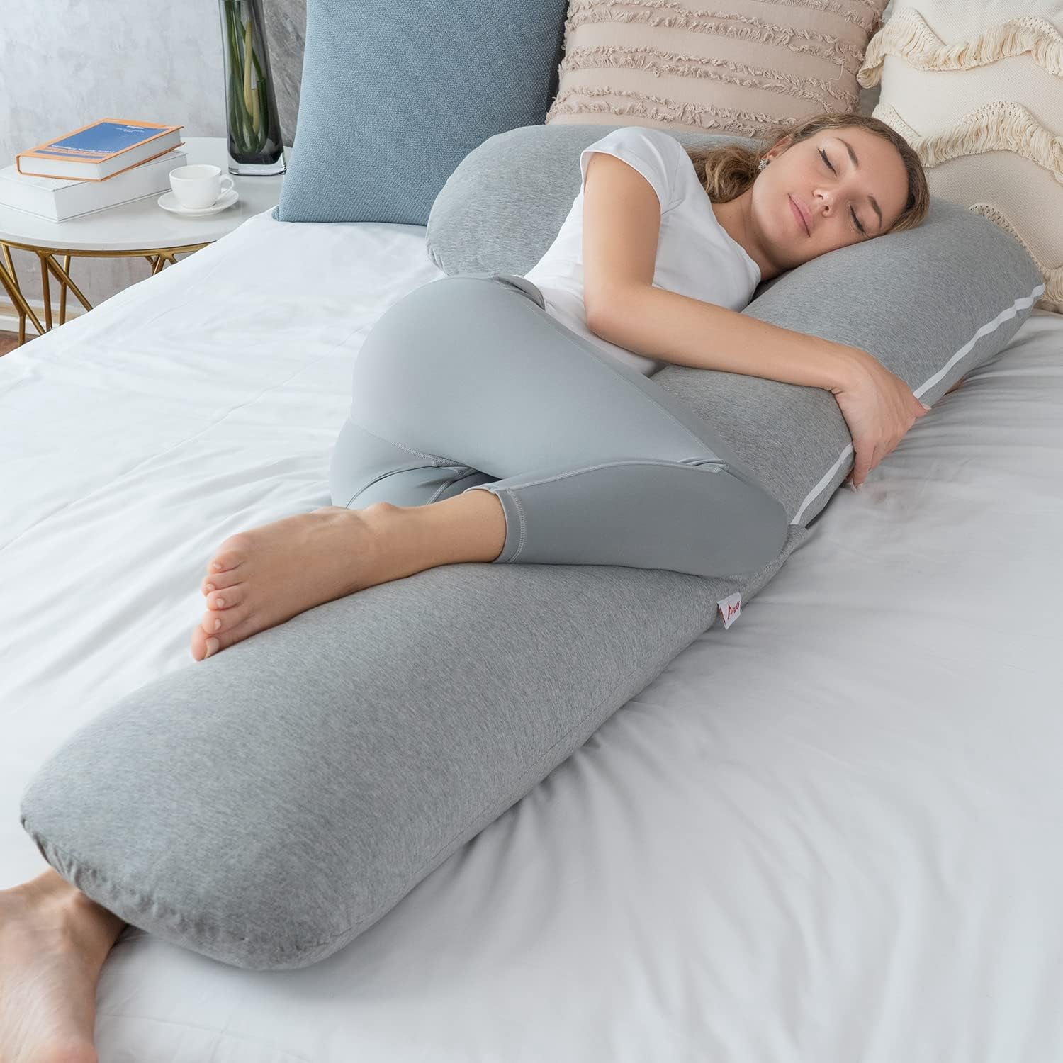 Body Pregnancy Pillow with Jersey Cover, L Shaped Full Body Pillow for Pregnant Women and Side Sleeping, Gray