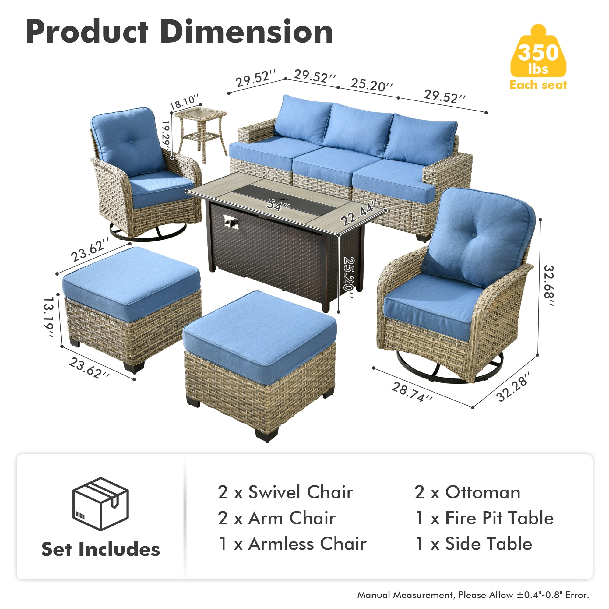 Vcatnet 9 Pieces Patio Fire Pit Sets, Outdoor Patio Conversation Furniture Set, Wicker Sectional Sofa with Swivel Glider Chairs and Ottoman, Denim Blue