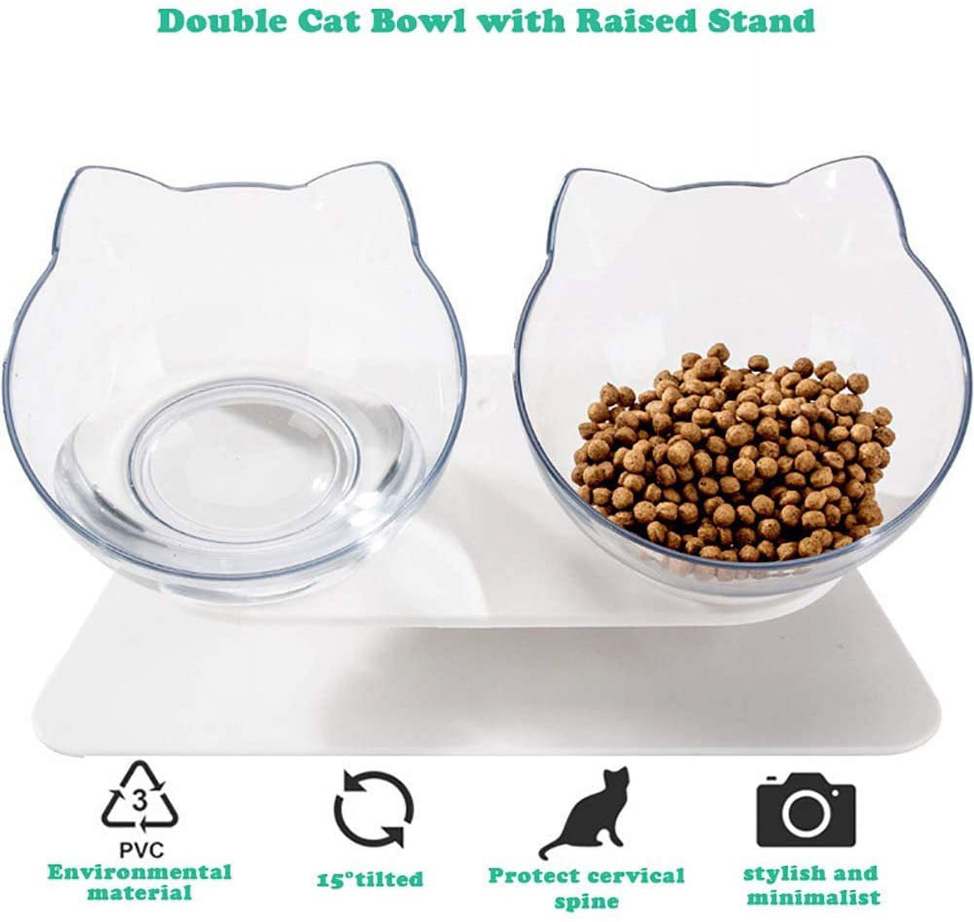 "15°Elevated Cat Food Bowls with Silicone Pet Mat, Double Raised Cat Transparent Plastic Bowl with Stand, Stress-Free Suit for Cats and Small Dogs, Anti Vomiting cat Bowl, Cute Cat Face Bowl"
