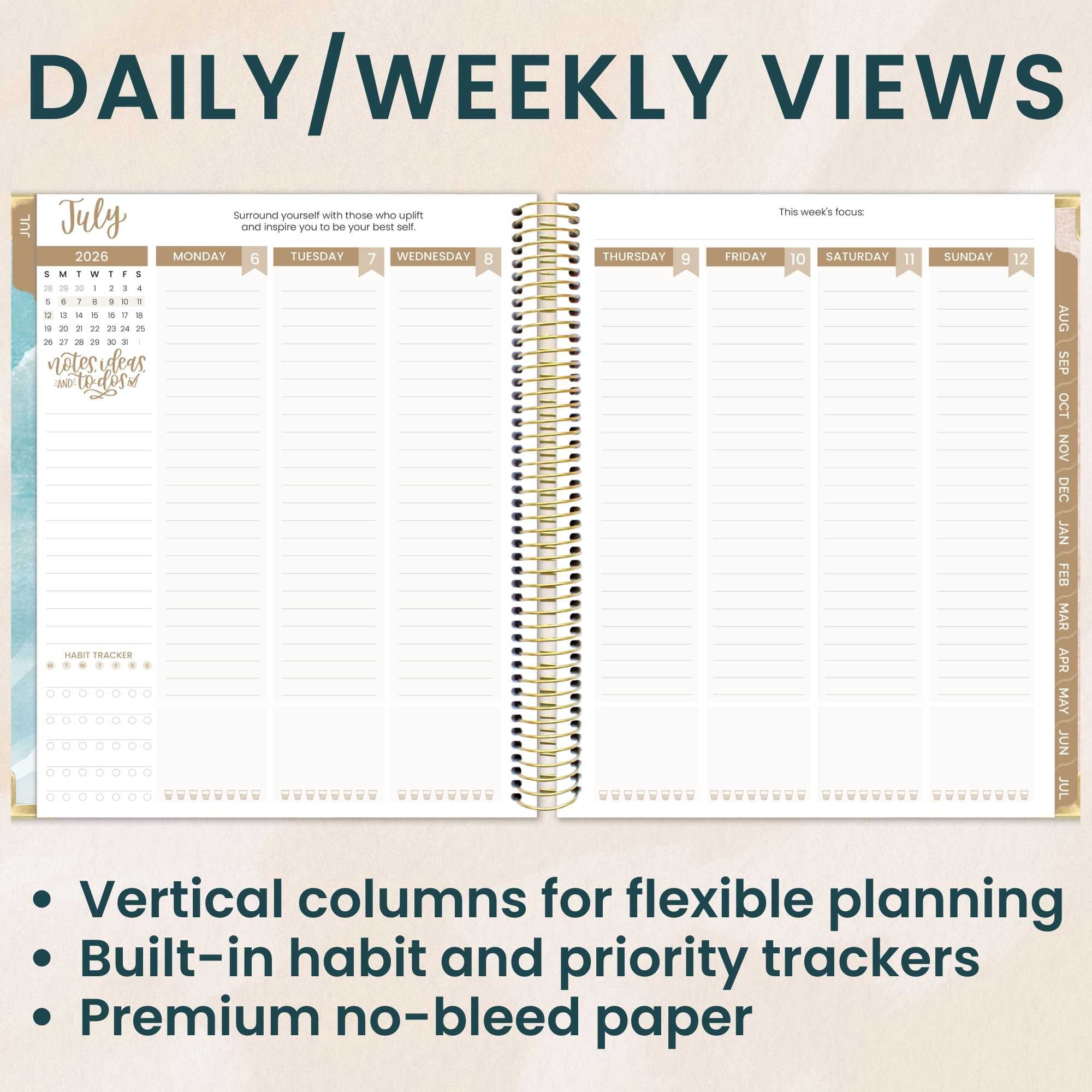 bloom daily planners 2026-2027 Academic Goal & Vision Planner, 13-Month Monthly & Weekly Hard Cover, 7.5" x 9", Coastal Calm