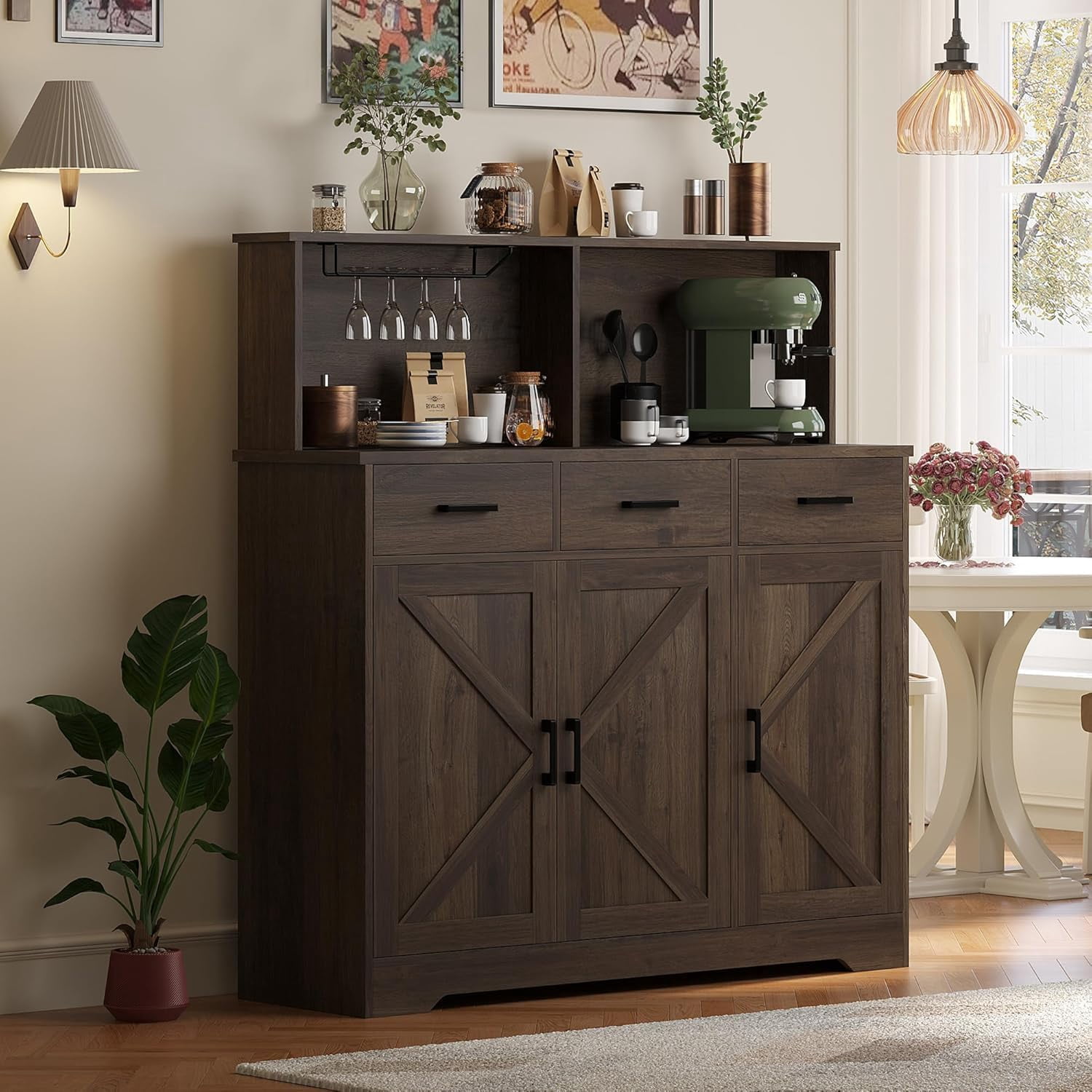 Huisuilinss Kitchen Pantry Storage Cabinet,Farmhouse Kitchen Cabinet,Food Pantry Cabinet with Microwave Stand,Barn Doors Kitchen Hutch with 3 Drawer and Shelves for Dining Room