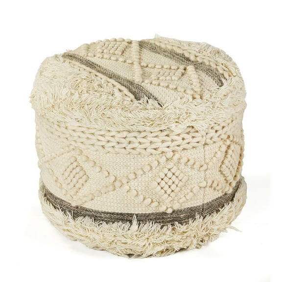Laddha Home Designs 18" Cream and Brown Geometric Tufted Round Wool Pouf Ottoman
