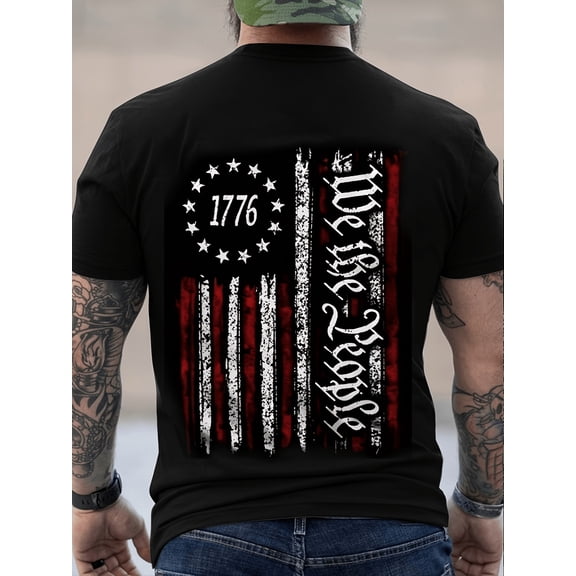 Patriotic 1776 We the People American Flag Distressed Men's T-Shirt Retro Vintage Constitution Graphic Tee