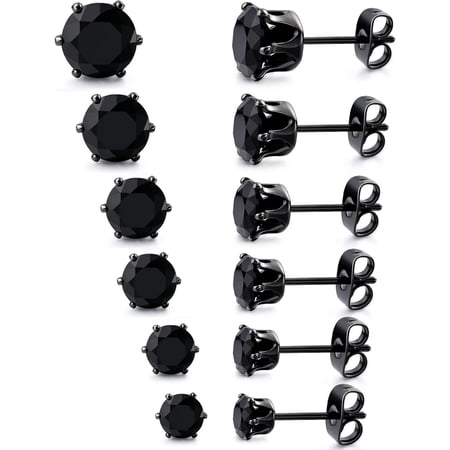 Leander 6-Pair Earring Set, Hypoallergenic Cubic Zirconia, 3-8mm, 6-Prong Round Earrings, Unisex, 18K Gold Plated, Suitable for Perforated Ear Bones.