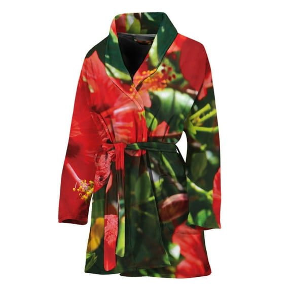 Red Hibiscus Flowers Women Bathrobe One Size Univeral Fits, Tropical Floral Hawaiian Fashion Lightweight Plush Fleece Long Robe For Women