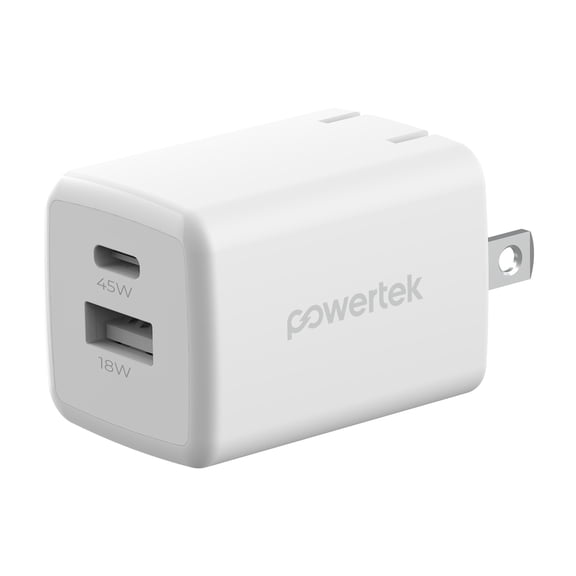 Powertek 45W USB-C   USB-A Wall Charger, Fast Charging Power Delivery, White