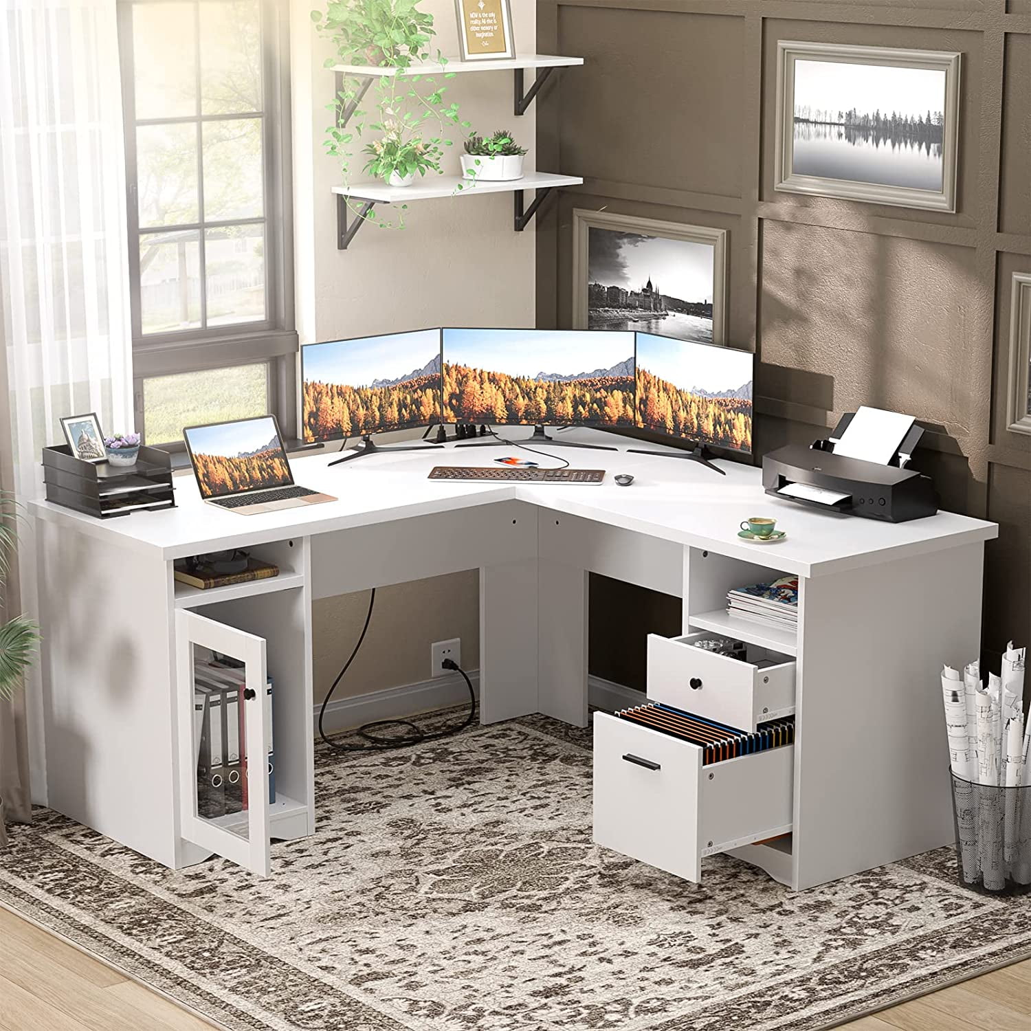 Homieasy L Shaped Desk with Power Outlet and USB Ports, 60 Inch Corner Computer Desk with Drawers and Storage Shelves, Large 2 Person Study Table L-Shaped Office Desk with File Cabinets, White