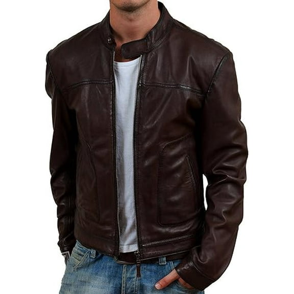 Men's Genuine Brown Lambskin Leather Jacket Slim fit Motorcycle jacket A631