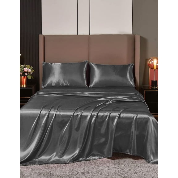 Cloud Fino 4 Pc Silk Satin Sheets Set | Silk Satin Fitted Sheet | Silk Satin Flat Sheet | Silk Pillowcase | 4 Pc Silk Satin Sheet Set | Hotel Quality Silky Soft Luxurious !!!! Dark Grey, Queen