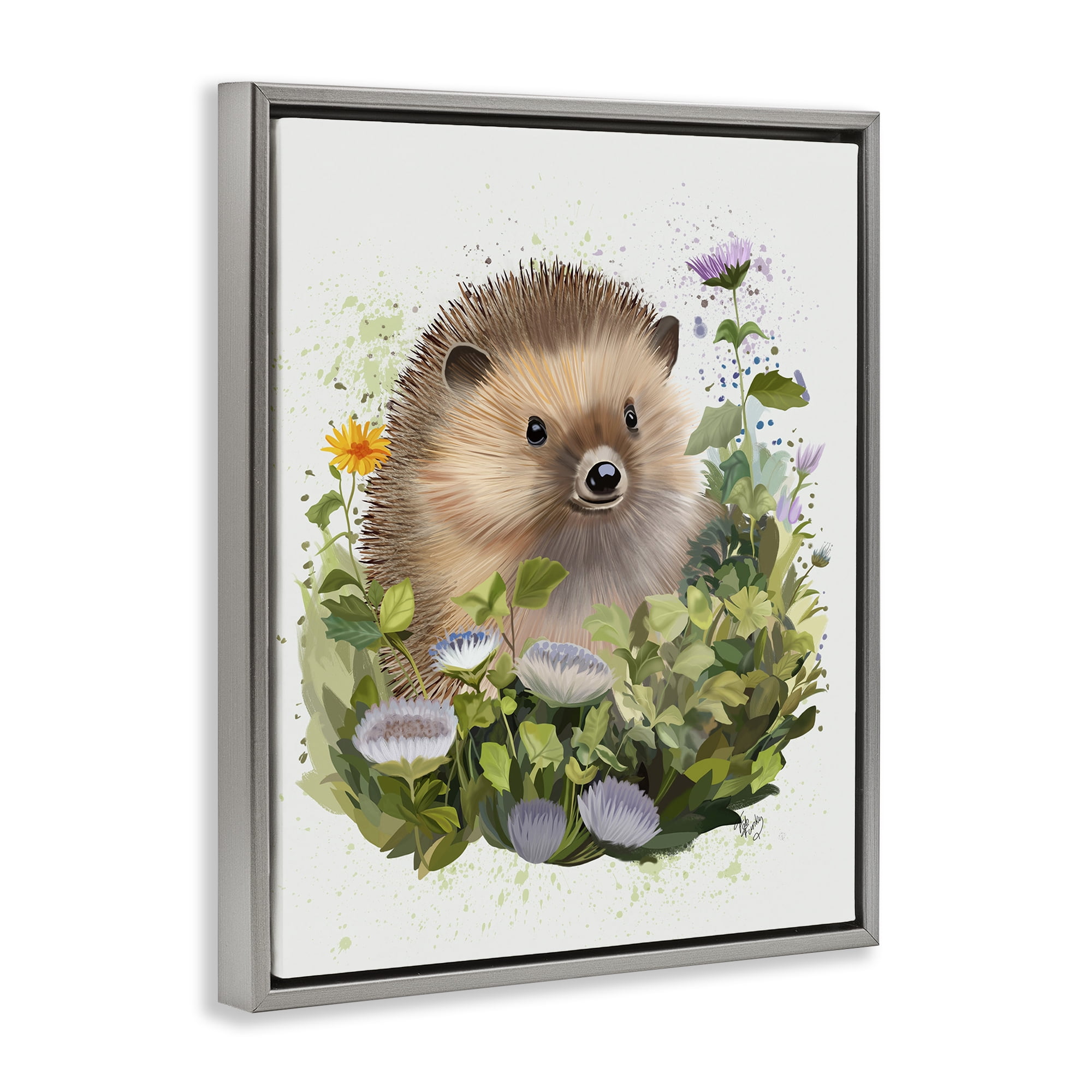 Stupell Industries Hedgehog in Floral Meadow Animals & Insects Painting Gray Floater Framed Canvas Art Print Wall Art, 17 x 21