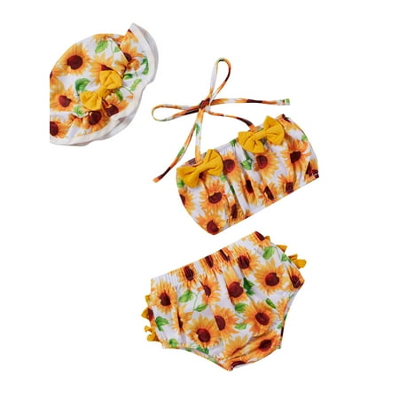 

3 Pcs Baby Girl Bikini Swimsuit Sunflower Crop Tops Ruffle Shorts with Hat Summer Swimmwear Bathing Suit