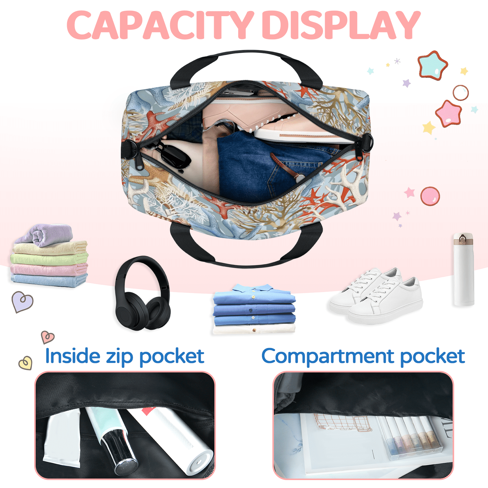 Herdesigns Nautical Coastal Gym Bag for Women, Duffle Bag for Travel Sport, Lightweight Waterproof Carry on Weekender Overnight Dance Yoga Workout Bags
