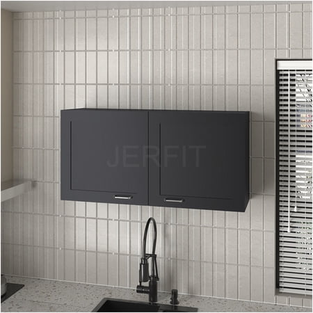 JERFIT Modern Black Wall Cabinet with Mirror & Glass Shelves for Kitchen Storage & Organization