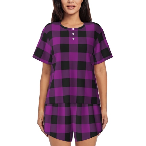 Balery Purple Black Plaid Conjunto de Pijama para Mujer con Estampado, Dos Piezas de Manga Corta y Shorts, Ropa de Dormir Suave con Cuello Redondo y Bolsillos-4X-Large