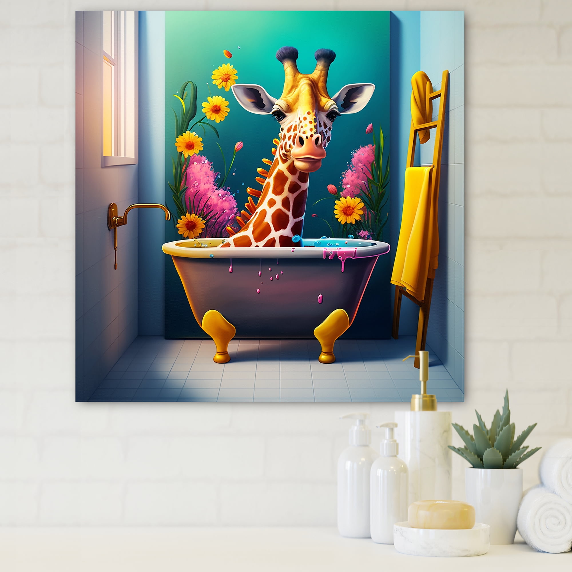 Designart Giraffe Caricature Splashing Around In A Flower Bath III Canvas Wall Art