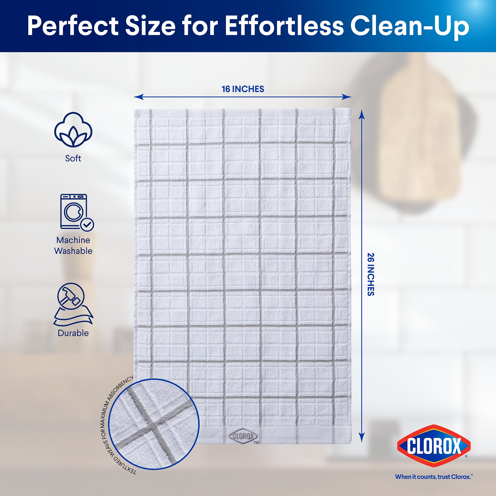 (2 pack) Clorox Cotton Kitchen Towel 1 Pack, Absorbent for Cooking, Drying Dishes, Cleaning - (26" x 16") Gray