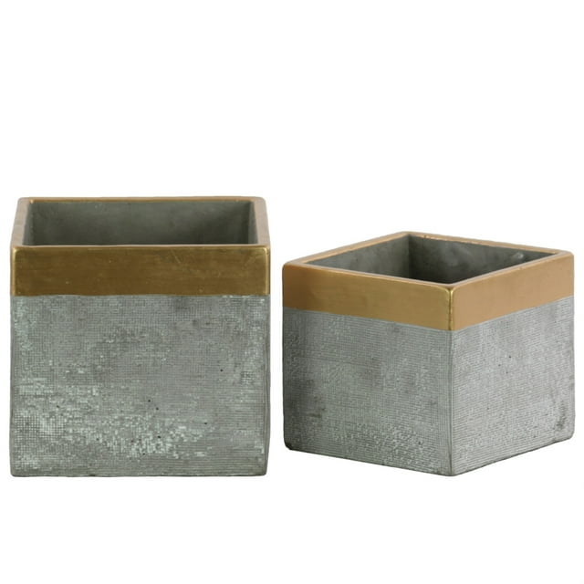 Pot de Fleurs Carré avec Bordure Dorée, Ensemble de 2, Gris