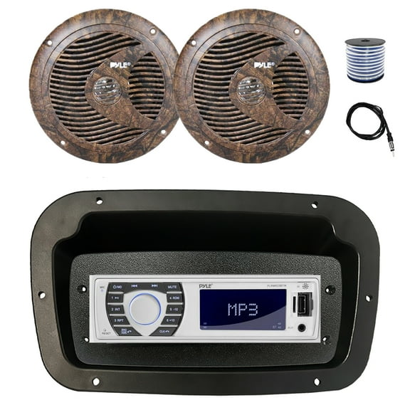Pyle PLRMR23BTW Single DIN Bluetooth Marine MP3 Stereo Receiver, Spa bezel, Adapter Plate, 22" Radio Antenna, Wire, 2x 6.5" 150 Watt Max Full Range Dual Cone Waterproof Stereo Speakers (Camo)