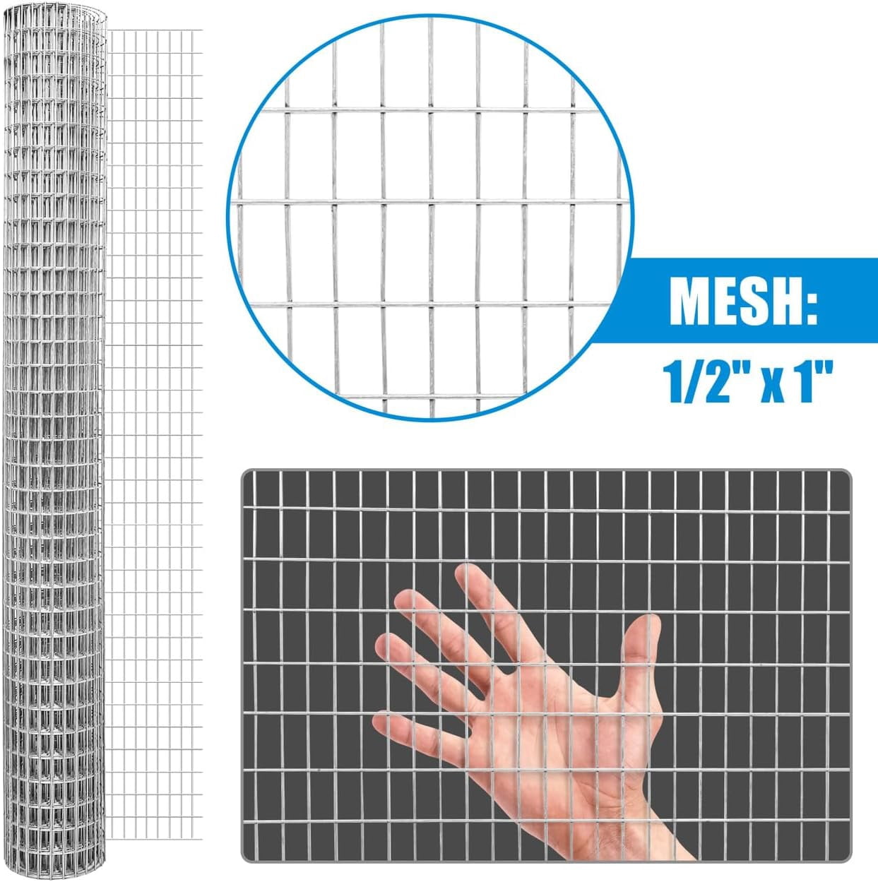 Fencer Wire Welded Wire Fence 16 Gauge, Galvanized Welded Fence Wire Roll, Mesh Size 0.5-Inch x 1-Inch, Hog Wire Fencing Cage, Multiple Use for Home Improvement & Animals Enclosure (3ft. x 100ft.)