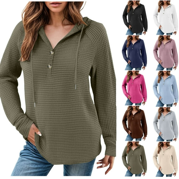 Kaprioy Hoodies for Women Waffle Pullover Sweatshirts Casual V Neck Comfy Hoody Long Sleeve Fall Fashion Button Tops Green, L