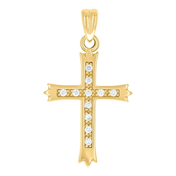 925 Sterling Silver Yellow tone Unisex Round Cubic Zirconia Cross Religious Charm Pendant Necklace 26.6x14.8mm Wide Pend