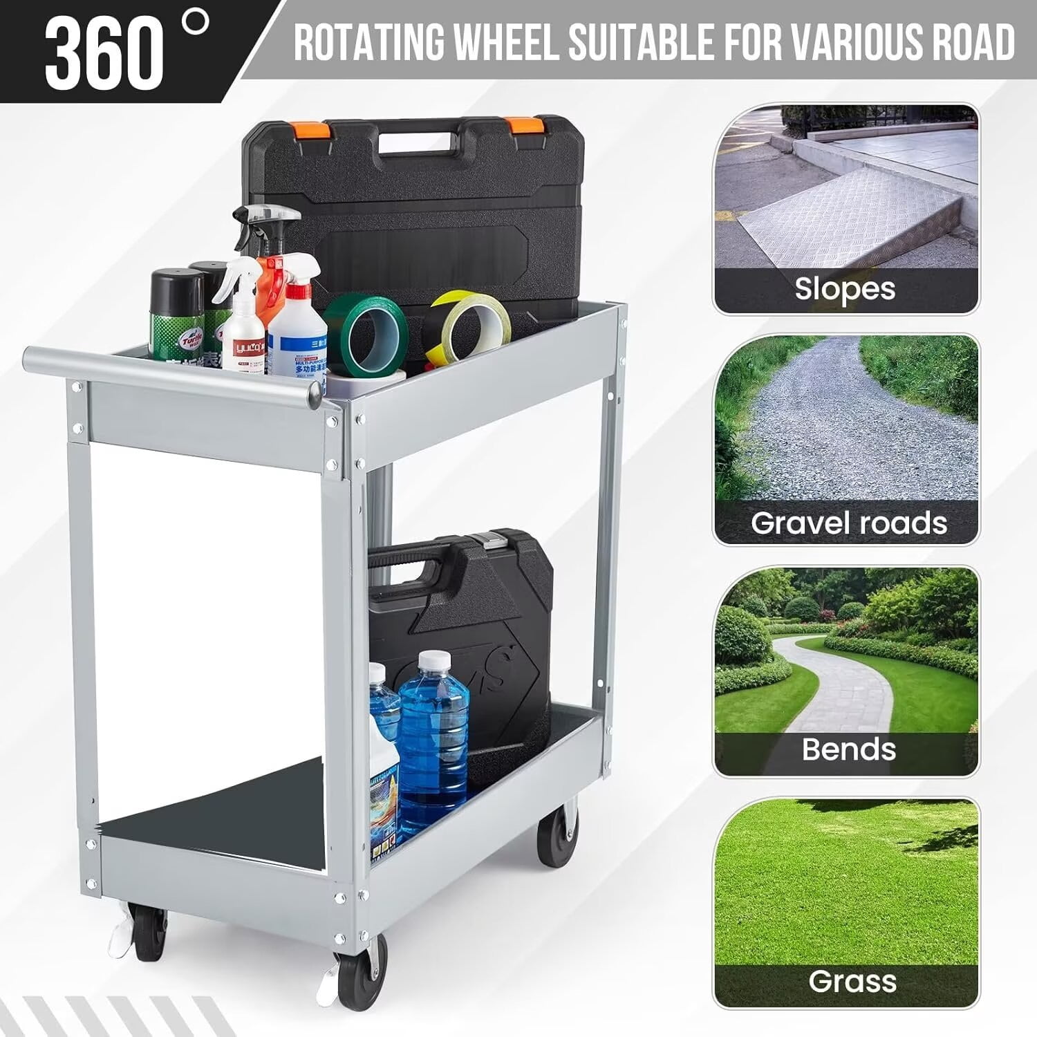 2-Tier Utility Cart, Heavy Duty Steel Rolling Cart, 300lb Multi-Purpose Tool Organizer, Metal Garage Organizer Tool Cart for Warehouse, Garage, Garden, Kitchen