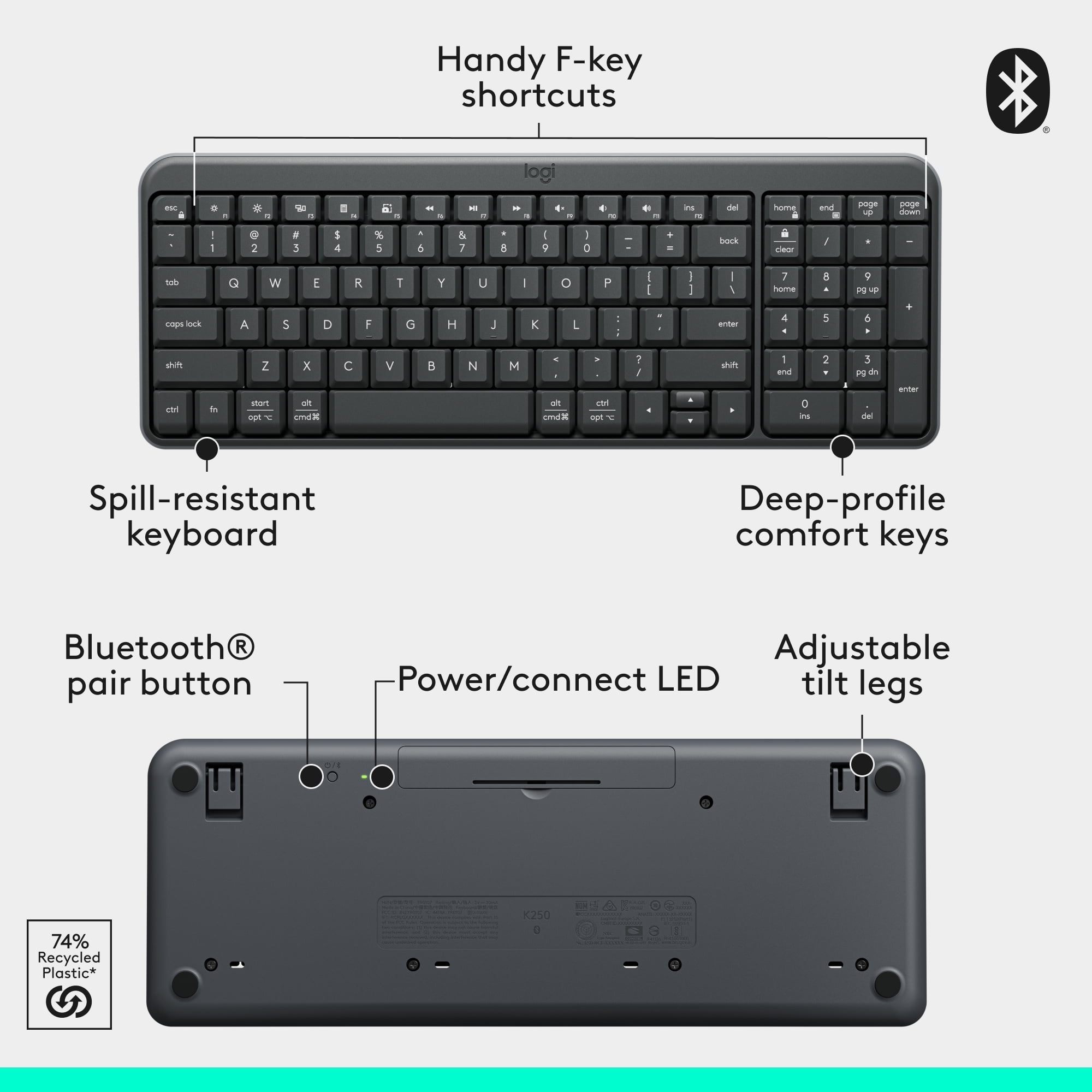 Logitech K250 Bluetooth Keyboard with Numpad, Easy Connectivity, Compact Wireless Keyboard made with Recycled Plastic, Graphite