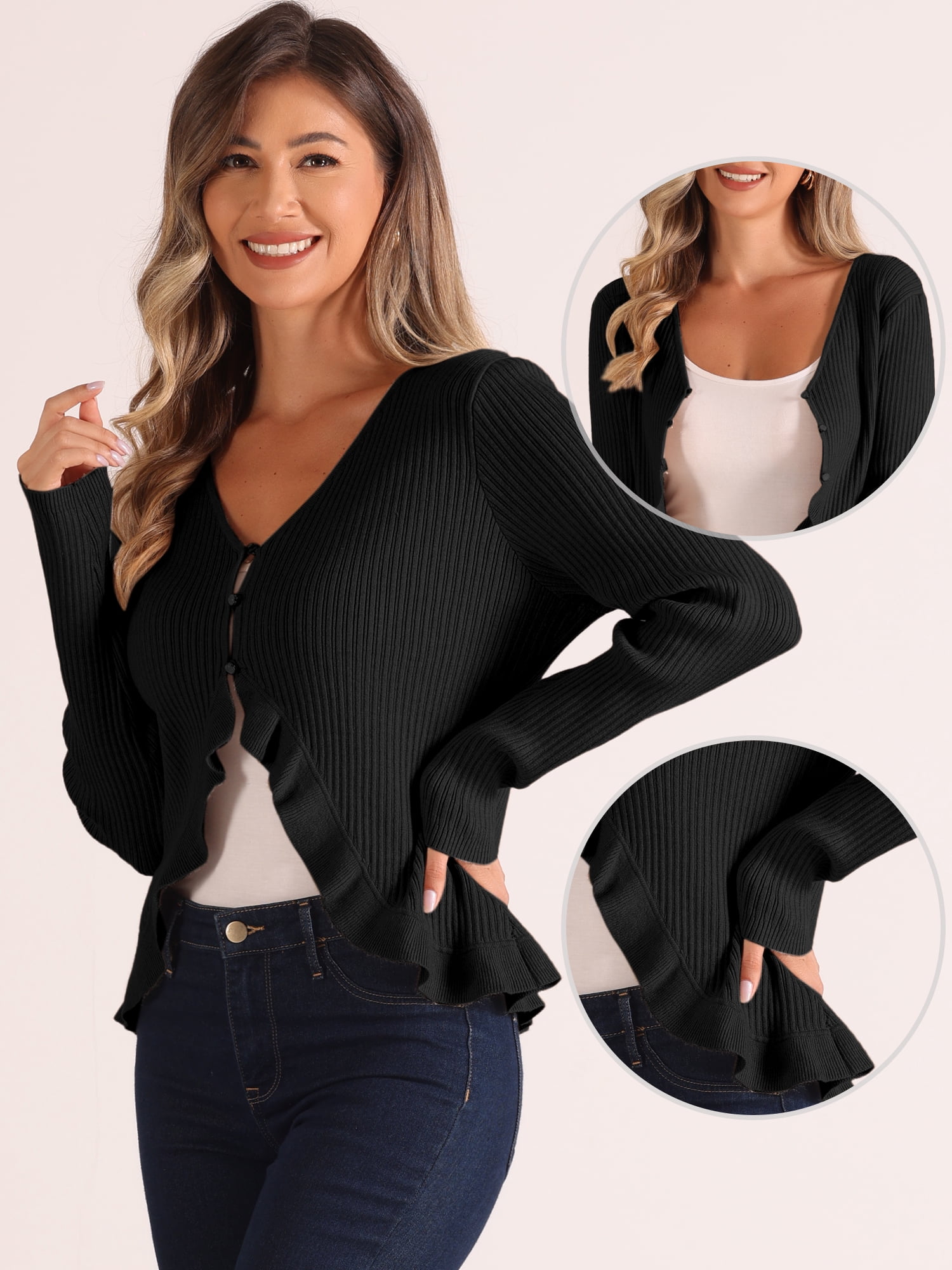 DARING DIVA Women's Ruffle Cardigan V Neck Long Sleeve Open Front Knit Bolero Shrugs L Black