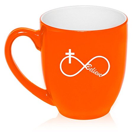 

16 oz Large Bistro Mug Ceramic Coffee Tea Glass Cup Infinity Believe Cross Christian (Orange)