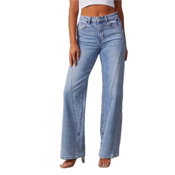 Women High Waist Straight Jeans Washed with Pockets No Stretch Durable Casual Everyday Versatile Bottoms Denim