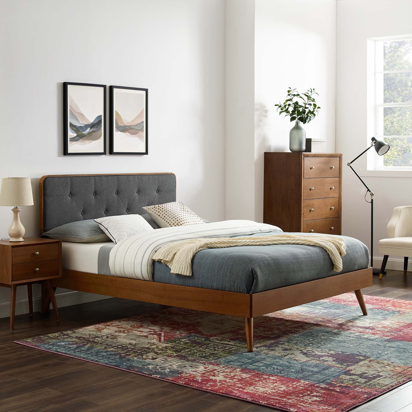 Platform Bed Frame, King Size, Wood, Brown Walnut Grey Gray, Modern Contemporary Urban Design, Bedroom Master Guest Suite