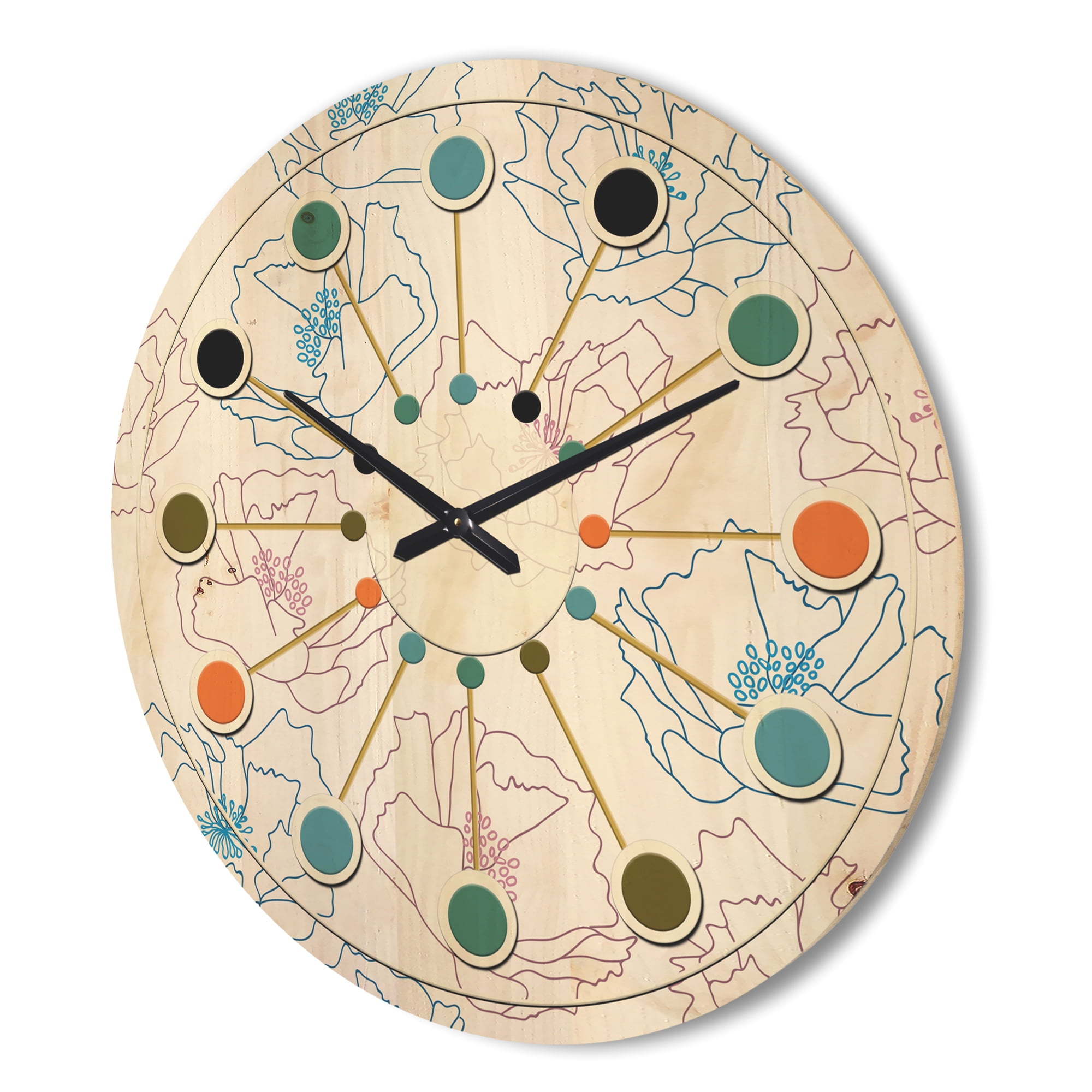 Designart 'Retro Abstract Poppies I' Mid-Century Modern Wood Wall Clock