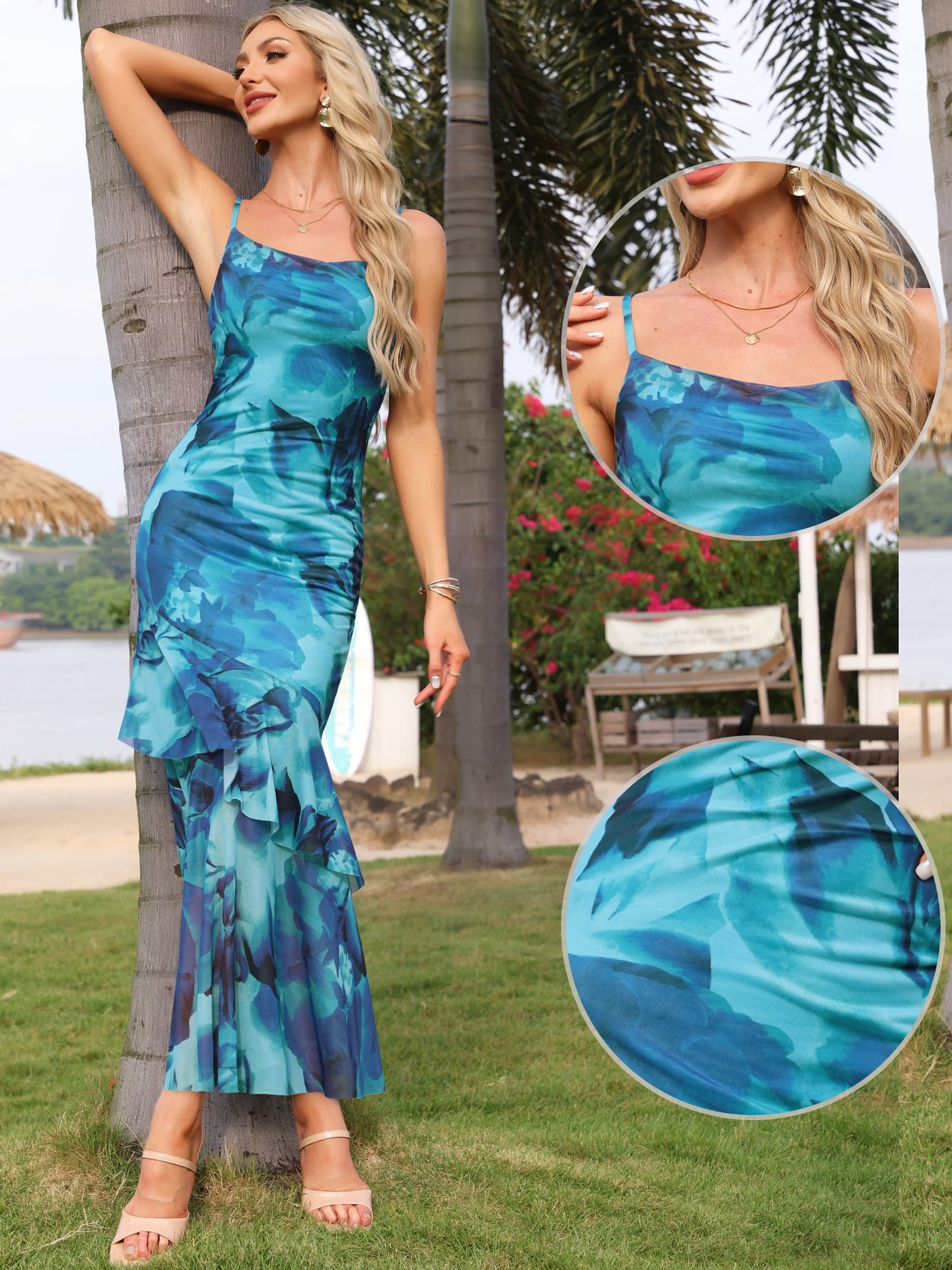 DARING DIVA Women's Floral Mesh Ruffled Maxi Dress XL Lake Blue