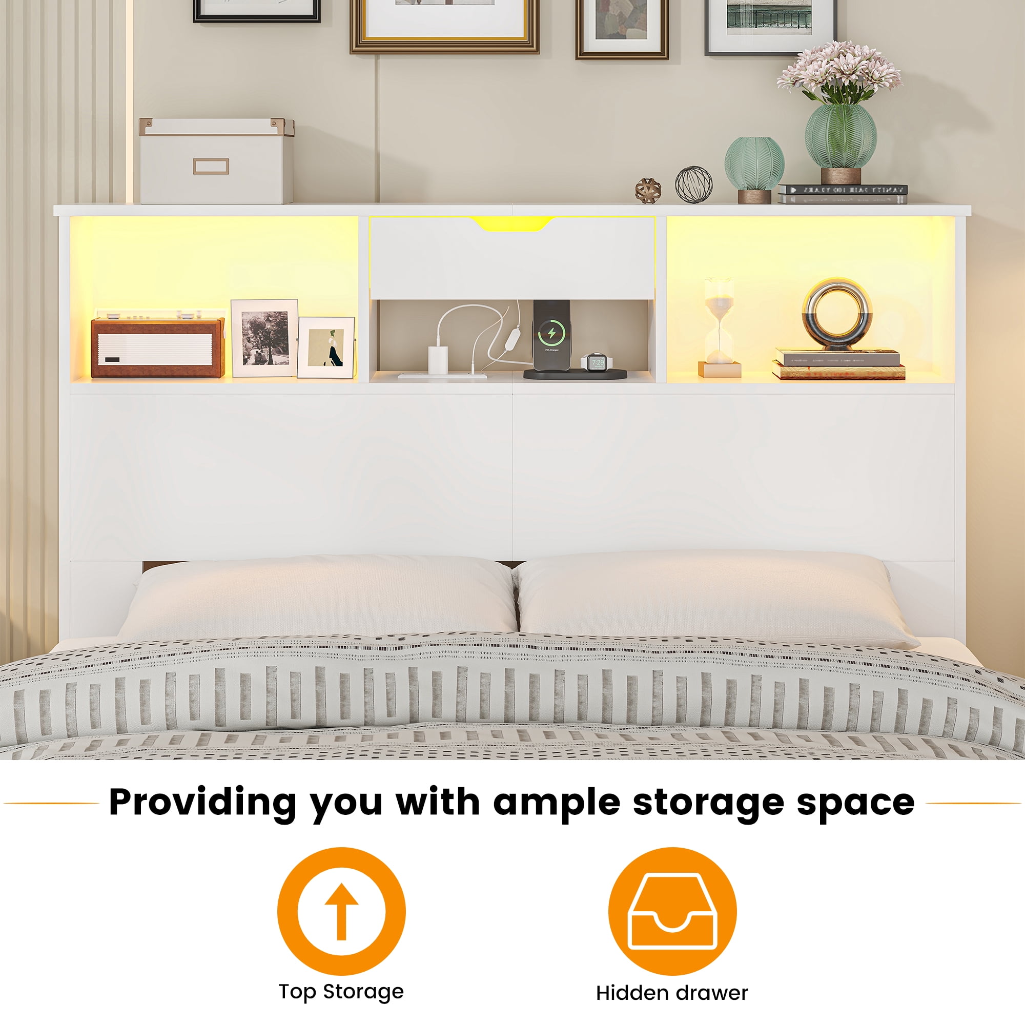 Wood Headboard for Full and Queen Bed, LED Headboard with Changing Station and Storage Cabinet for Bedroom, White (Not Include Bed）