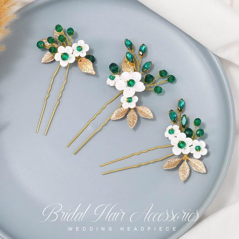 CoCoMangos Green Crystal Bride Wedding Hair Pins Flower  display picture 3